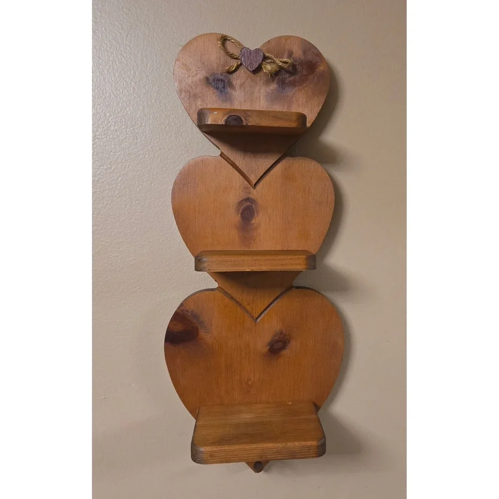 Vintage 3 Tier Wooden Heart Wall Shelf Rustic Cottagecore Farmhouse 20in Peg